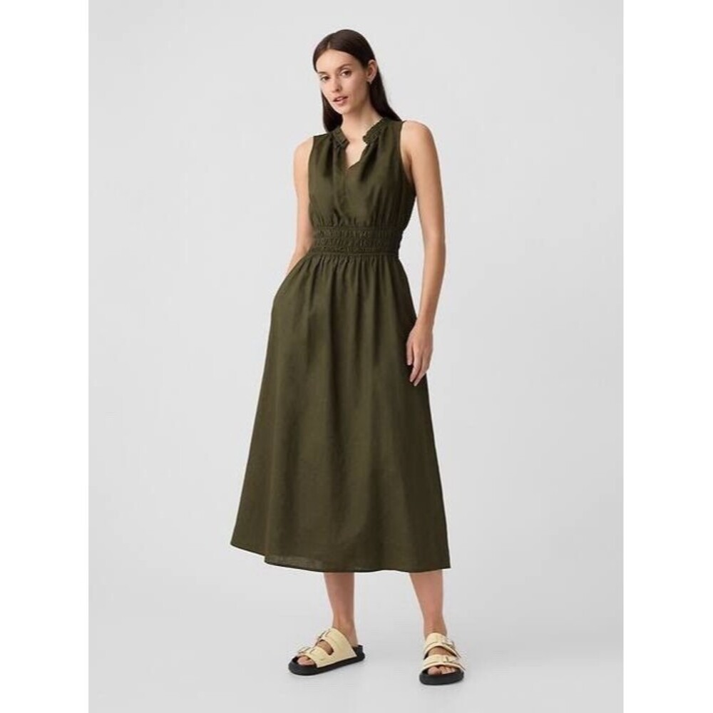 GAP Olive Linen Blend Smocked Waist Ruffle V-Neck Sleeveless Midi Dress XXL